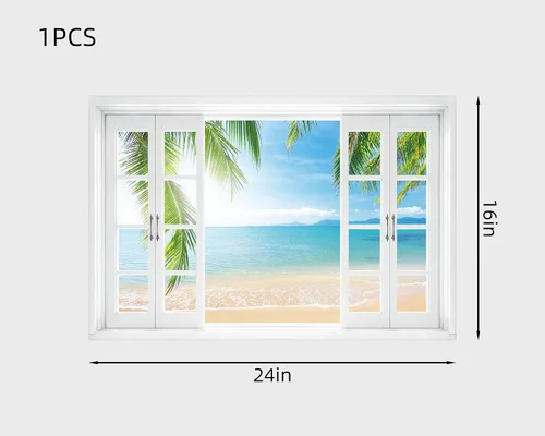 Miniatura 2 de FLFK Calcomanía de pared falsa para ventana, diseño de vista tropical del océano para despegar y pegar, 24 x 16 pulgadas