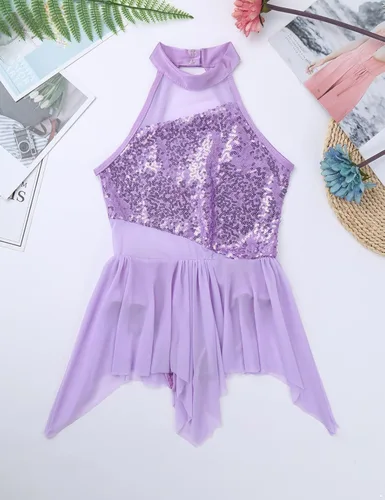 Miniatura 19 de YiZYiF Vestido de baile de lentejuelas para niños y niñas, leotardo de ballet, cuello alto, vestido lírico, traje de rendimiento irregular