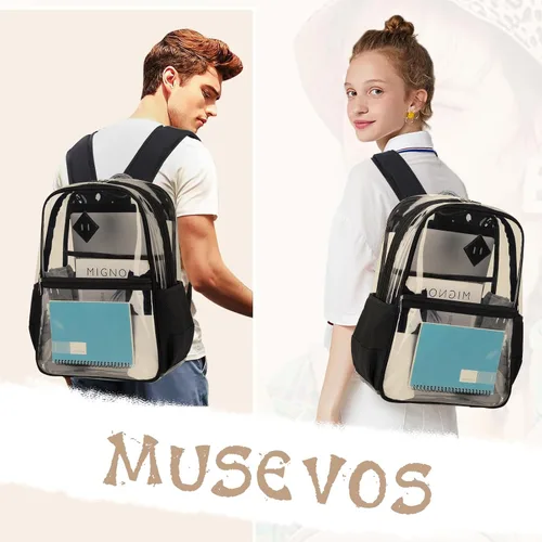 Miniatura 2 de MUSEVOS Mochila transparente, resistente bolsa de libros transparente para escuela, universidad de PVC transparente aprobado por estadios, Negro