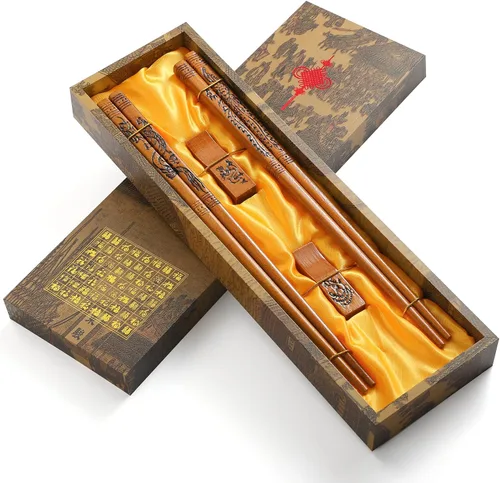 Miniatura 7 de Palillos reutilizables de estilo chino, palillos de dragón y fénix con soporte y bolsa de transporte, juego de palillos de madera natural (2 pares)