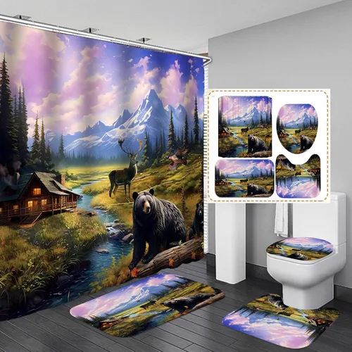 Miniatura 18 de Jayden Madge - Juego de 4 cortinas de ducha de granja verde salvia, búfalo marrón, retazos, bosque, montaña, ciervo, oso negro, estampado de patas