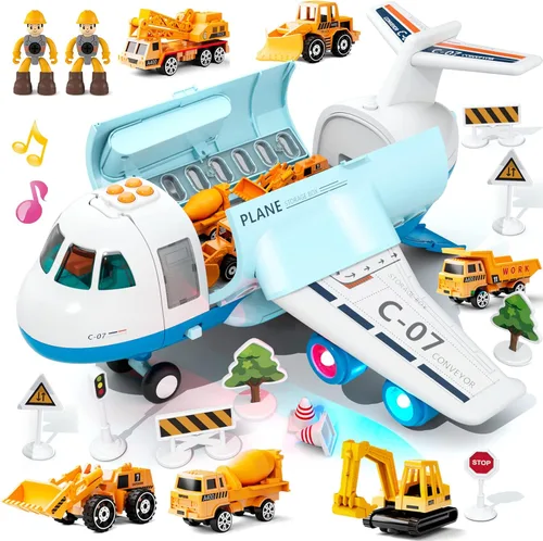 Avión de carga de transporte, juego de juguetes de avión temáticos grandes, juego de vehículos de juguete educativo con sonido y luz de humo, avión