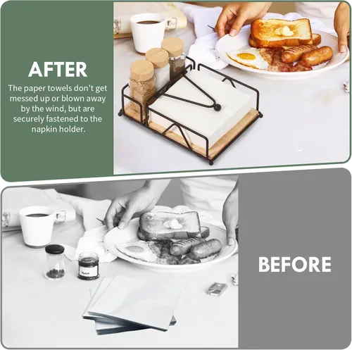 Miniatura 5 de Juego de 4 servilletas de metal con salero y pimentero, base de madera, moderno servilletero plano para mesa, decoración de mesa de cocina, cóctel