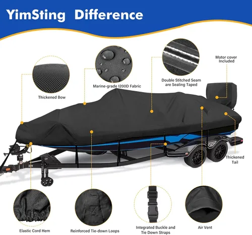Miniatura 6 de Cubierta Impermeable 1200D para Embarcación – Se adapta a embarcaciones de 16' a 18.5' pies Bass, Casco en V, Tri-Casco, Fish & Ski, Runabout Negro