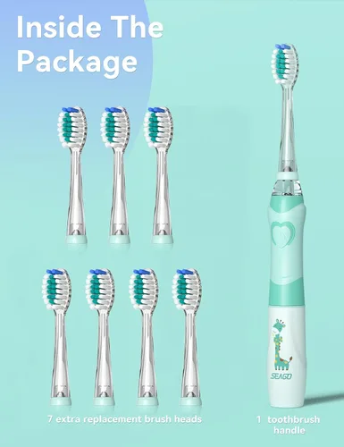 Miniatura 5 de SEAGO Cepillo de dientes eléctrico para niños con temporizador de cepillado de 2 minutos y 8 cabezales de cepillo de repuesto, la luz LED arcoíris