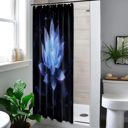Miniatura 2 de Cortina de ducha con flores de loto negro y azul para decoración de baño, juego de cortinas decorativas de baño con estampado floral, tela