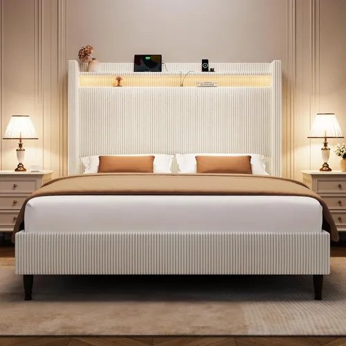 Miniatura 17 de Base de cama tamaño King con cabecera alta, base de cama tapizada con estación de carga y luces LED, moderna cabecera de almacenamiento con respaldo