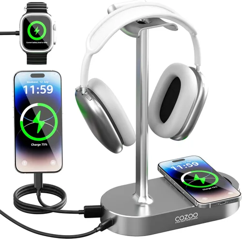 Miniatura 9 de COZOO Soporte para auriculares con almohadilla de carga inalámbrica rápida y 2 puertos de carga USB, adecuado para juegos, DJ, accesorios