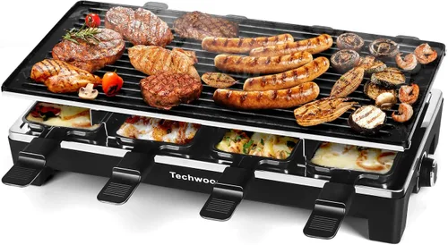Parrilla de Mesa Raclette, Parrilla Eléctrica de Interior Techwood, Parrilla Coreana BBQ, Placa de Parrilla Antiadherente Extraíble 2 en 1, Negro