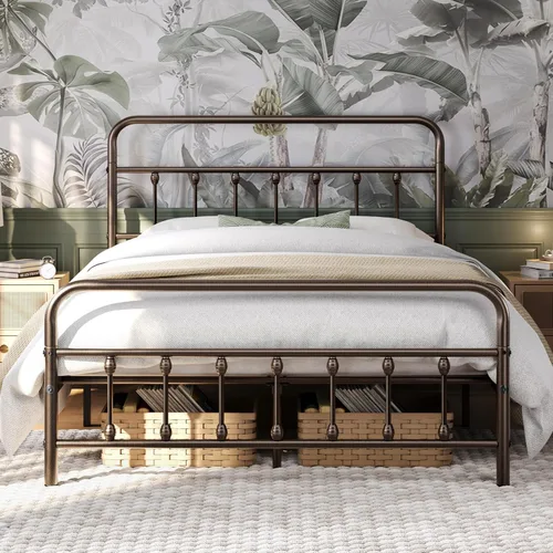 Miniatura 15 de Yaheetech Base de cama clásica de metal con base de colchón con estilo victoriano, cabecera, estribo, almacenamiento debajo de la cama, no necesita
