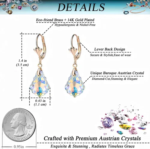 Miniatura 4 de Aretes de cristal austriaco barroco con cierre de palanca para mujer, joyería hipoalergénica chapada en oro de 14 quilates