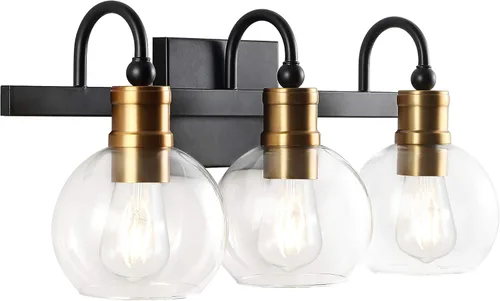 JONATHAN Y Aplique de pared vintage de 21.5 pulgadas, color negro/latón dorado, luz LED de tocador para baño, dormitorio, entrada, pantalla de globo