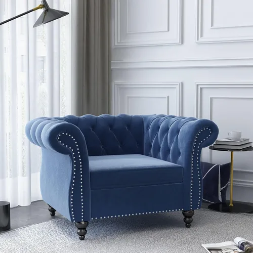 Miniatura 2 de QHITTY Juego de 2 piezas para sala de estar, Silla Sofá Seccional Chesterfield Contemporáneo Tapizado de Terciopelo Loveseat Juegos de Sofá para Azul