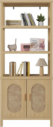Miniatura 8 de SSLine Gabinete bohemio de ratán para oficina en casa de 71 pulgadas de alto, estantería de madera con 3 puertas decorativas de ratán y 3 estantes