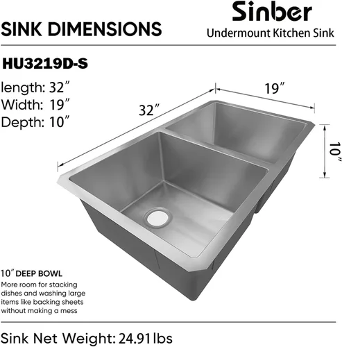 Miniatura 4 de Sinber HU3219D - Fregadero de cocina de 32 x 19 x 10 pulgadas con acabado satinado de acero inoxidable 304 calibre 18 (solo fregadero)
