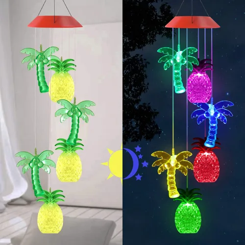 Miniatura 6 de Solawindchime Campanillas de viento de piña, árbol de coco, regalos para mujeres, campanillas de viento solares que cambian de color, luces solares
