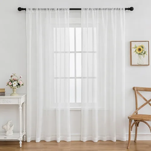 Miniatura 9 de Cortinas plisadas negras traslúcidas de 84 pulgadas de largo, 2 paneles para dormitorio, lino texturizado, ganchos transparentes para pista