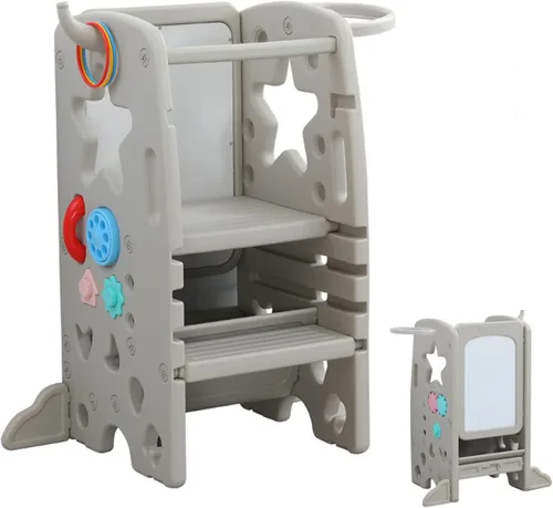 UNICOO Taburete multifuncional para niños con doble riel de seguridad, altura ajustable, torre para niños pequeños para encimera de cocina y baño