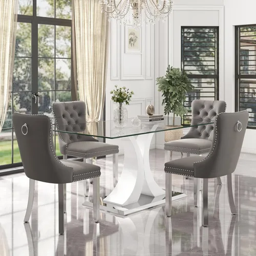 Miniatura 59 de Moderno juego de comedor de cristal de lujo para 6, 63 pulgadas, juego de vajilla rectangular minimalista grande para 6, juego de mesa de cocina