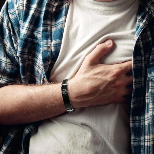 Miniatura 4 de MEALGUET Pulseras médicas personalizadas para hombres: grabado gratuito de acero inoxidable negro y cuero trenzado pulsera de alerta médica