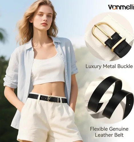Miniatura 15 de VONMELLI Paquete de 3 cinturones de mujer para pantalones vaqueros, cinturón de vestir con hebilla dorada