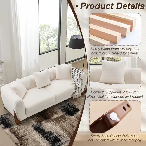 Miniatura 7 de Sofá Sherpa Boucle Moderno Tipo Nube de 3 Plazas de 87", Sofá con Patas de Madera Maciza, Asiento Extra Profundo de 25", Cómodo Sofá Tapizado