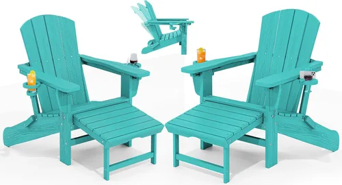 Miniatura 42 de KINGYES Silla Adirondack plegable ajustable con otomana retráctil, silla reclinable Adirondack de polietileno de alta densidad con soporte