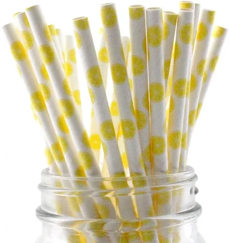 popotes de papel con motivos de Frutas, biodegradable, 7.75 pulgadas, desechables, 100 unidades., Lemon Limón