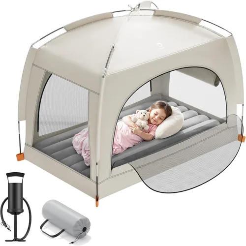QPAU Cama de viaje inflable para niños pequeños con tienda – Colchón de aire para niños ligero con bomba manual – Solución portátil de dormir para