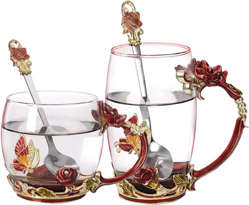 Miniatura 7 de Taza de Té Esmaltada de Camping de Verano, Taza de Café con Juego de Cuchara de Vidrio Transparente Hecho a Mano con Esmalte de Mariposa y Flores