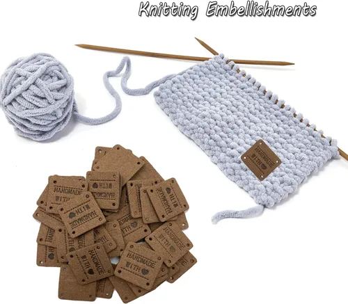 Miniatura 4 de 40 piezas de etiqueta de cuero PU de piel sintética hecha a mano con costura, etiqueta de piel sintética hecha a mano con relieve, adorno de crochet