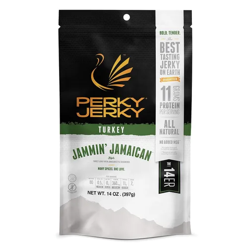 Perky Jerky Jammin' Jamaican Turkey Jerky, 14oz – Bajo en sodio – 11g de proteína por porción – Bajo en grasa – 100% de origen estadounidense –
