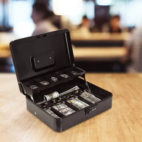 Miniatura 5 de Caja de efectivo con bandeja de dinero y cerradura de combinación, caja de dinero de metal para caja registradora, caja de seguridad escalonada