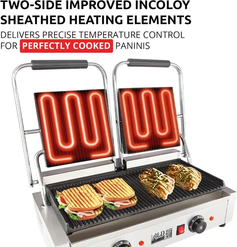 Miniatura 3 de ALDKitchen Prensa doble Panini Máquina para hacer sándwiches Placas acanaladas de hierro fundido Control ajustable Antiadherente 110 V