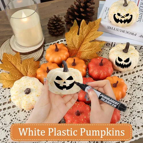 Miniatura 6 de LZNPA Juego de 16 mini calabazas artificiales artificiales con hojas de otoño, espuma de plástico tallable, pequeñas calabazas blancas