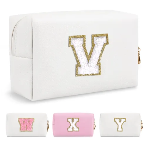 Miniatura 263 de Pequeña bolsa de maquillaje personalizada con inicial A-Z Preppy Patch, bolsa de cosméticos de viaje de felpilla blanca con cremallera, bonita bolsa