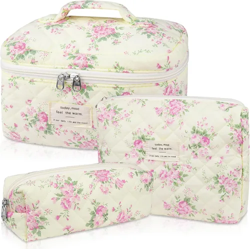 Set de bolsas de maquillaje, bolsa de maquillaje acolchada, bolsa de cosméticos floral grande para mujeres, lindas bolsas de maquillaje de algodón,