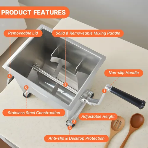 Miniatura 3 de Hakka - Mezclador manual de carne de 15 libras/7.5 L, tanque fijo de acero inoxidable de 10 L, sin caja de engranajes, mezclador de carne