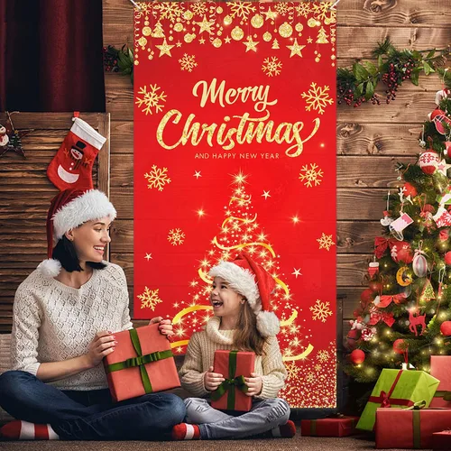 Miniatura 6 de Cubierta de Puerta de Navidad Árbol de Navidad Dorado Feliz Navidad Purpurina Copo de Nieve Cubierta de Puerta Pancartas Fondo de Fotografía
