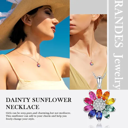Miniatura 3 de RANDES Collares de girasol para mujeres, adolescentes y niñas, delicado colgante de plata de ley 925 You're My Sunshine, joyería de girasol