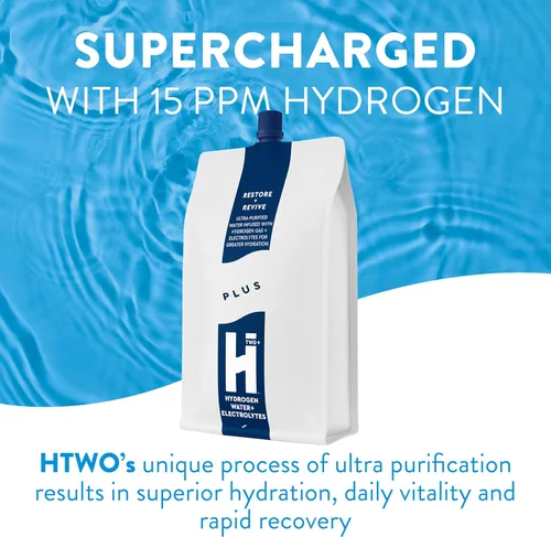 Miniatura 3 de HTWO Plus Agua de hidrógeno molecular con electrolitos, paquetes de hidratación originales sin sabor, sin azúcar, paquete de 12 unidades de 16.9