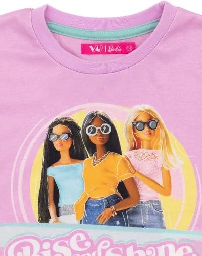 Miniatura 7 de Barbie Pijama corto para niñas, diseño de muñeca rosa con estampado de levantamiento y brillo, pantalones cortos elásticos para dormir