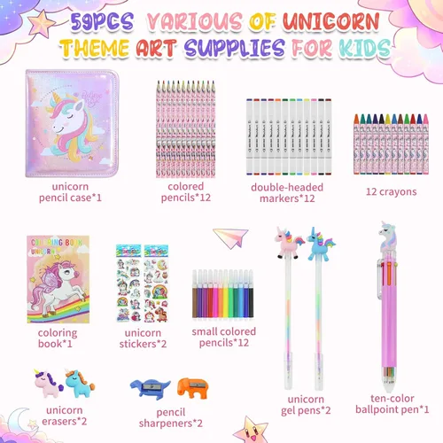 Miniatura 2 de JAMIEWIN Juego de marcadores con estuche de lápices de unicornio con purpurina, kit de 59 piezas de suministros de arte y manualidades para niños