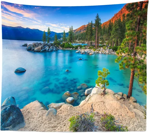 BELECO Tapiz de lago de montaña de 60 x 40 pulgadas, color azul Lake Tahoe, con vista de orilla rocosa, playa, bosque verde, pinos, naturaleza,