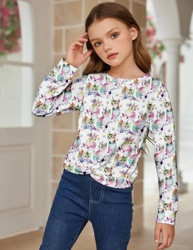 Miniatura 4 de Arshiner Sudadera ligera casual con nudo frontal para niñas, con estampado de teñido anudado, manga larga