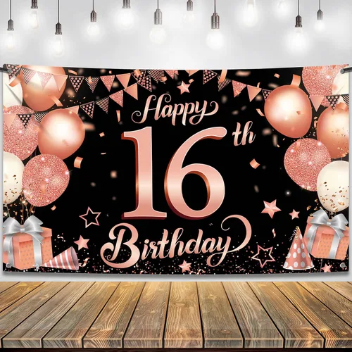 KatchOn Cartel de feliz cumpleaños número 16 de oro rosa, grande de 72 x 44 pulgadas, decoraciones de fiesta de dulces 16, telón de fondo para niñas