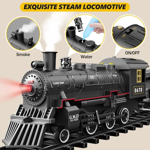 Miniatura 3 de Juego de tren para niños, tren de locomotora de vapor con coche de carbón, vagón de pasajeros, coche de carga y pistas largas, kits de tren