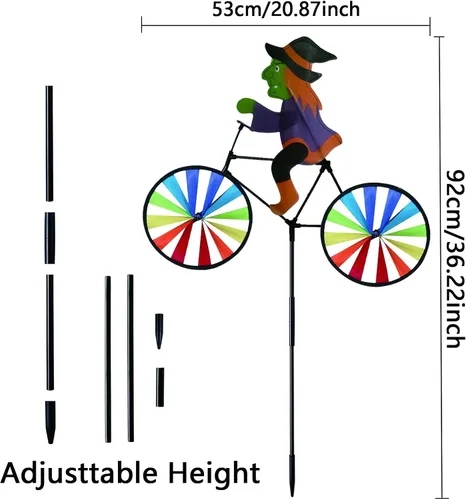 Miniatura 2 de Paquete de 2 ruedas giratorias de bicicleta de bruja y fantasma de Halloween de 20 pulgadas, molinos de viento con estacas, molinos de viento