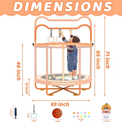 Miniatura 3 de Gardenature Trampolín para Niños de 60" Interior, Mini Trampolín para Niños Pequeños de 5 pies con Aro de Baloncesto, Barra de Gimnasia, Anillos