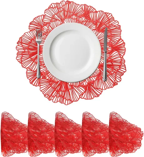 Miniatura 15 de uxcell Juego de 4 manteles individuales redondos de flores rojas para mesas de cena, manteles individuales metálicos de polivinilo prensado